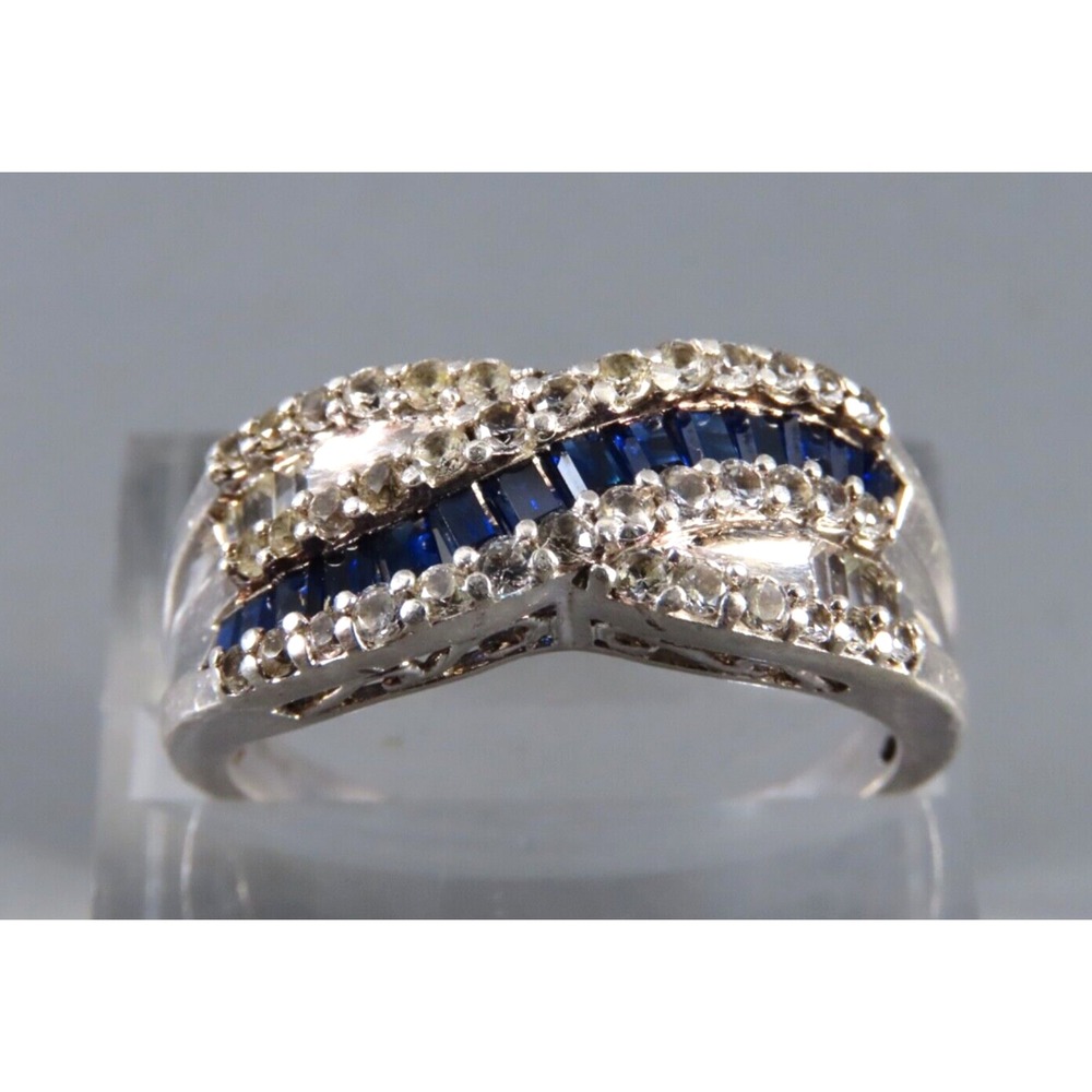 JWBR Sterling Silver Cocktail Ring BLUE &WHITE SAPPHIRES Criss-Cross UNISEX 11.5